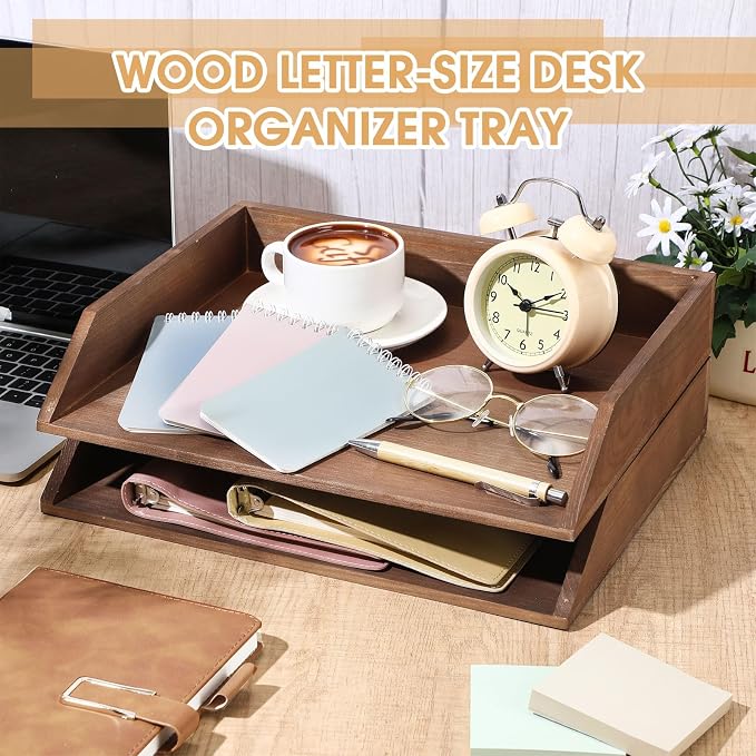 Beeveer 2 Pcs Dark Wood Letter Tray Wooden Desk Paper Organizer 2 Tier - Image 3