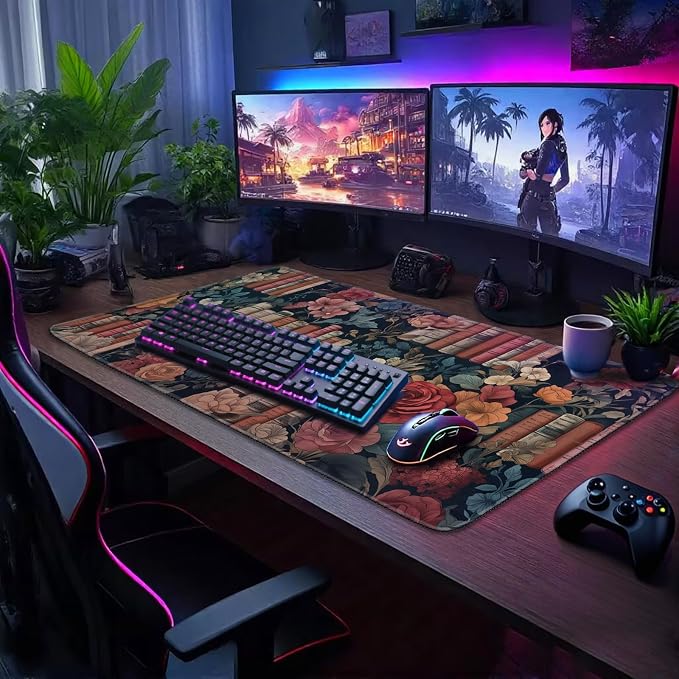 Vintage Library Floral Large Gaming Mouse Pad 31.5"x15.7"｜Books and Roses XXL - Image 2