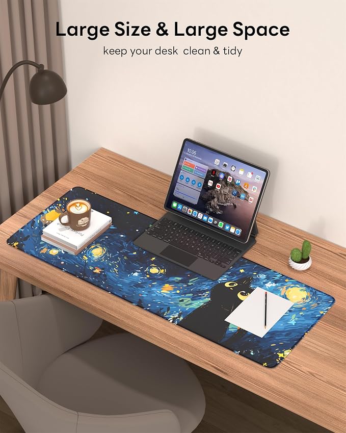 Starry Night Cat Mouse Pad, 31.5 x 11.8 Large Desk Mat - Image 2