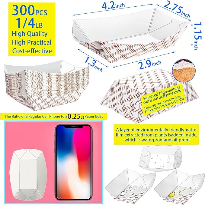 300 Pack Checkered 1/4Lb Paper Food Boat Trays Disposable Small Paper Boats - Image 2