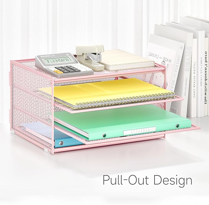 Lavatino 3-Tier Letter Tray Desk Paper Organizer – Pink Mesh Metal File Tray - Image 5