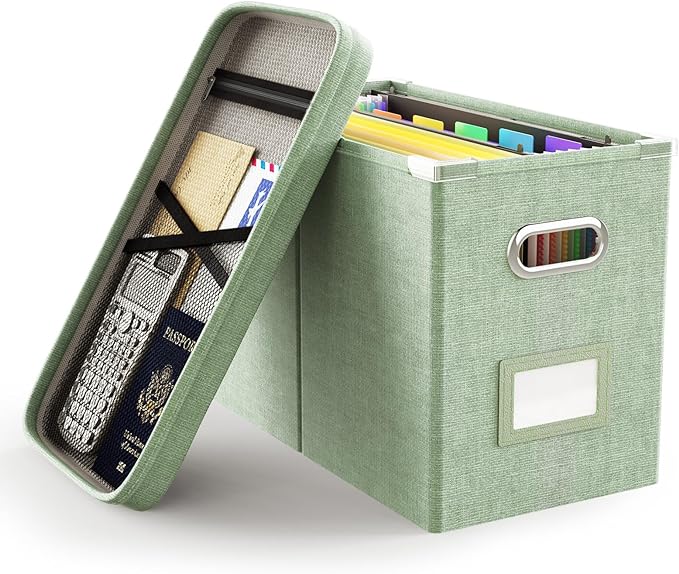 Oterri File Organizer Box with Lid, Hanging Filing File Box with Mesh Pocket by Oterri