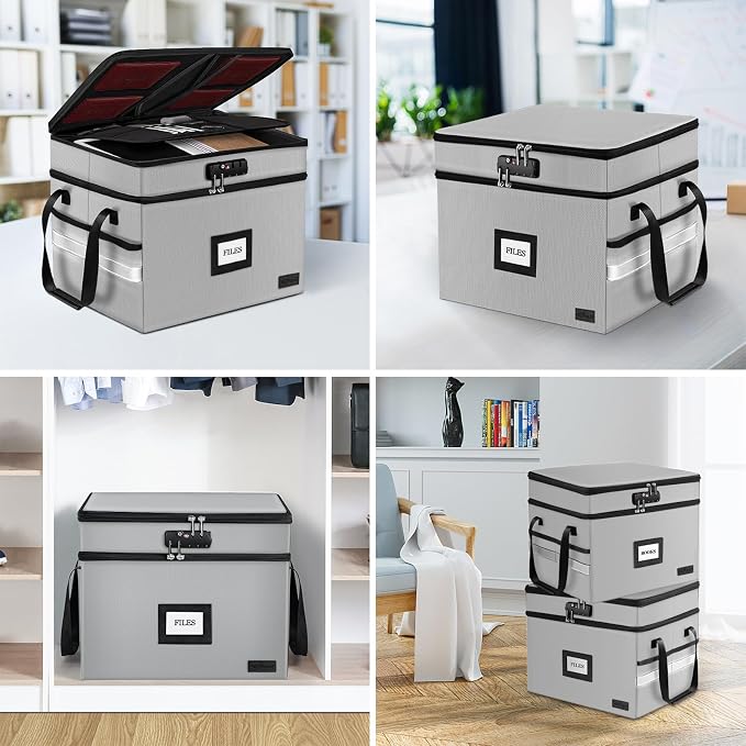 Fireproof Document Box with Lock, 2-Layer File Box Storage Organizer with 5 - Image 6