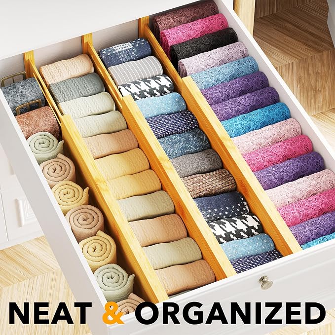 SpaceAid Bamboo Dresser Drawer Dividers 6 Pack, 4.65“ High Adjustable 17“-22” - Image 2