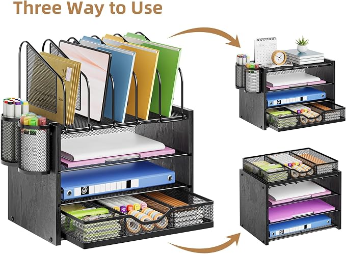 Marbrasse Desk organizer with Drawer, 4-Tier Wooden File Organizer with 5 - Image 4