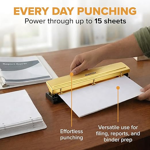 Bostitch 3 Hole Paper Punch, 15 Sheet Capacity, Metal Office Hole Puncher - Image 2