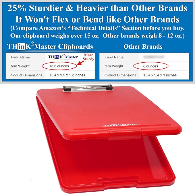 Think2Master Red Plastic Storage Clipboard. | 25% Heavier & 25% Sturdier| Heavy - Image 2