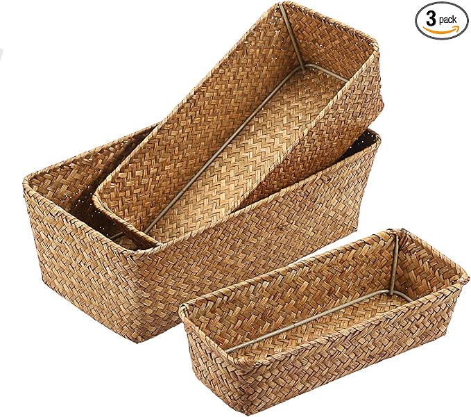 3 Natural Wicker Basket Set Rectangular Handwoven Seagrass Basket Storage Bins by Unknown