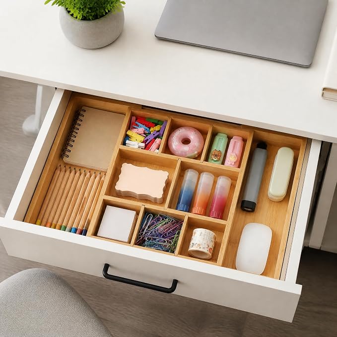 Bamboo Drawer Organizer Expandable Desk Storage Set, 10 Adjustable Compartment - Image 6