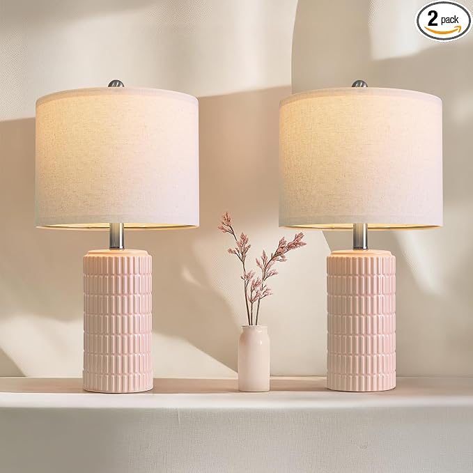PoKat 20.75" Pink Ceramic Table Lamps Set of 2, Small Modern Bedroom Lamps by Pokat