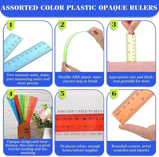 Zonon 50 Pcs 6 Inch/12 Inch Plastic Rulers Bulk Flexible Straight Rulers - Image 5