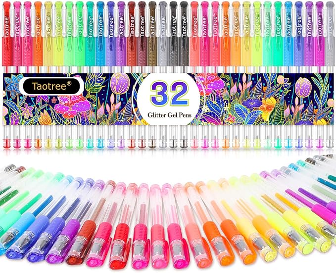 Taotree Glitter Gel Pens, 32 Colors Neon Glitter Pens, Colored Gel Markers | by Taotree