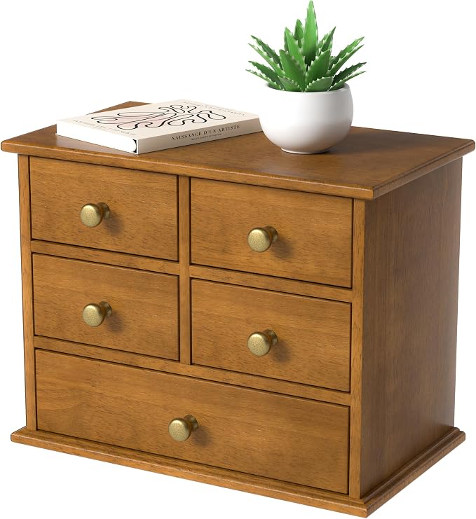Oak Desk Organizer with Drawers, Durable Wooden Desktop Storage Box with Metal by JNFUZ
