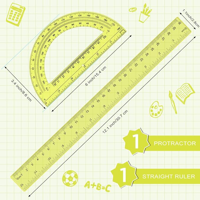 Zonon 2 Pcs 12 Inch Clear Ruler and 6 Inch Plastic Protractor Set, Dual Scale - Image 2