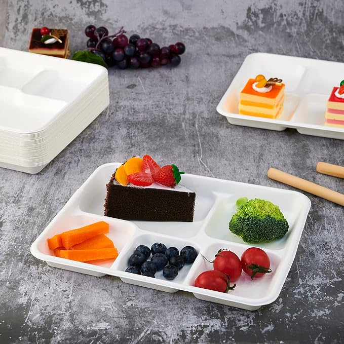 Vplus 100% Compostable Small 5 Compartment Plates 125 Pack 10.25 x 8.25 inch - Image 6