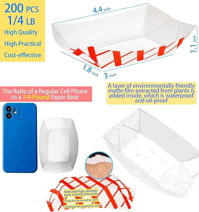 200 Pack Checkered 1/4Lb Paper Food Boat Trays Disposable Small Paper Boats - Image 2