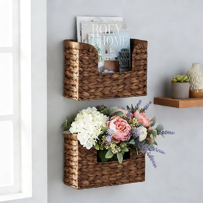 PINXIURY Magazine Holder Wall Basket Water Hyacinth Woven Mail Organizer - Image 3