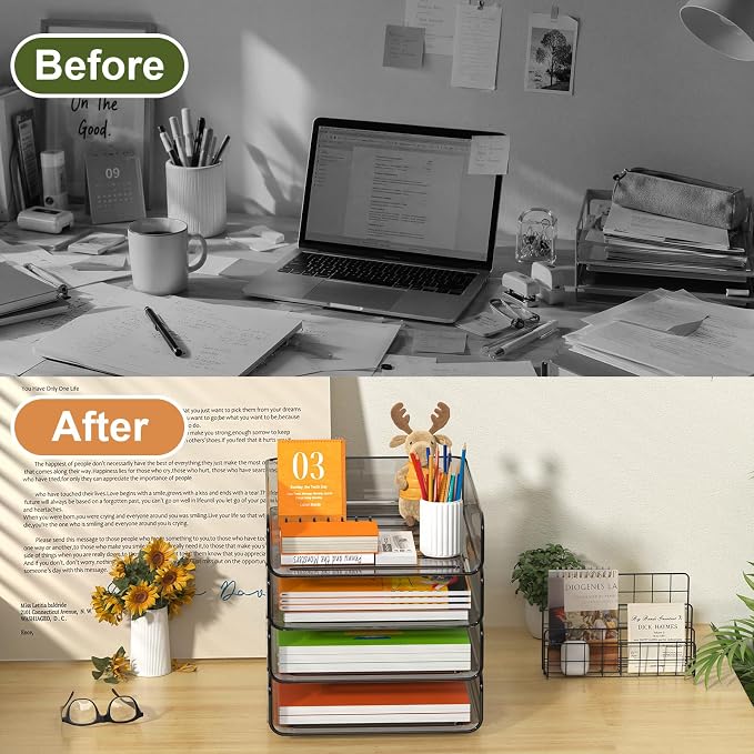 FANXIYQ 4-Tier Acrylic Paper Tray Organizer, Smoked Brown Stackable Desk File - Image 6