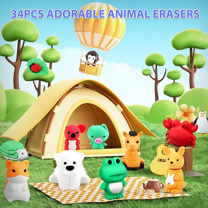 URSKYTOUS 34Pcs Animal Erasers Bulk Cute Desk Pets Kids Puzzle Erasers Take - Image 2