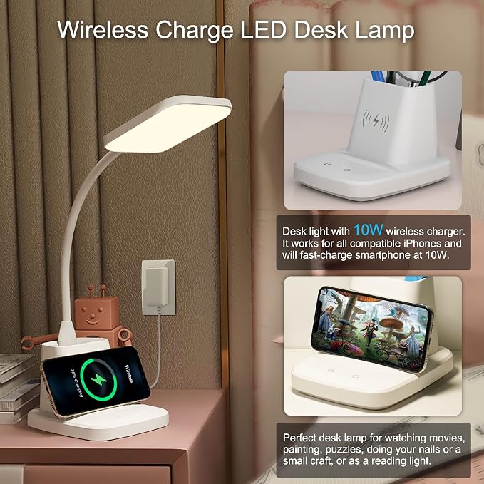 LED Desk Lamp with Wireless Charger, Sailstar White Desk Light with Pen Holder - Image 2