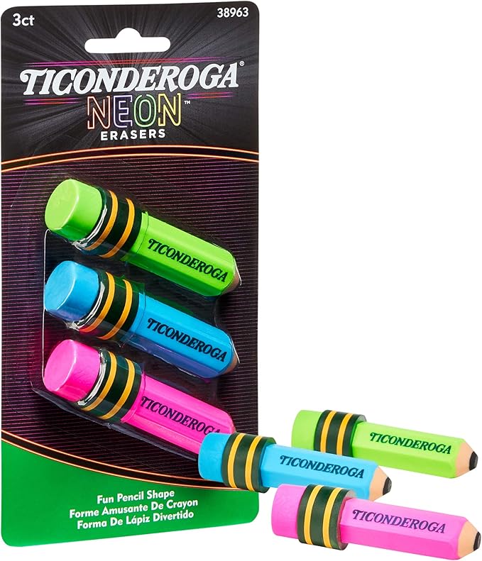 Ticonderoga Pencil Shaped Erasers, Neon Colors - Image 2