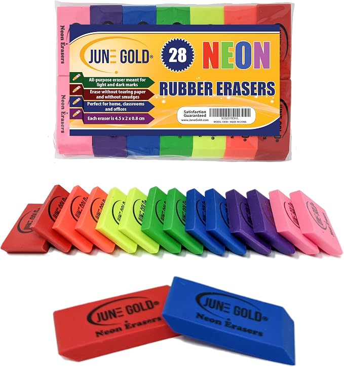 June Gold 28 Neon Colored Rubber Erasers by JuneGold