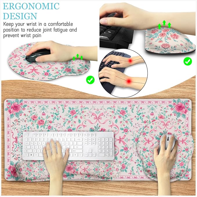 LIMKRIAN Pink Floral Desk Mat, Ergonomic Mouse Pad Set - Image 3