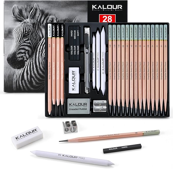 KALOUR 28 Pro Sketching Drawing Pencils Set – 14 Graphite Pencils, Charcoal by KALOUR