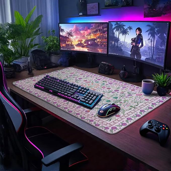 Purple Floral Desk Mat, 31.5"x15.7" Large Mouse Pad, Anti-Slip Rubber Base - Image 3