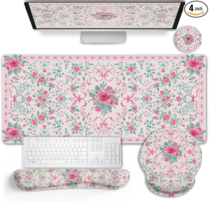 LIMKRIAN Pink Floral Desk Mat, Ergonomic Mouse Pad Set by LIMKRIAN