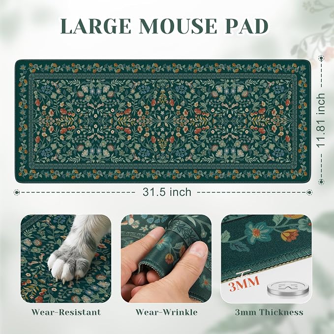 iCasso Aesthetic Floral Desk Mat, L Mouse Pads, Anti-Slip Retro Mousepad - Image 2