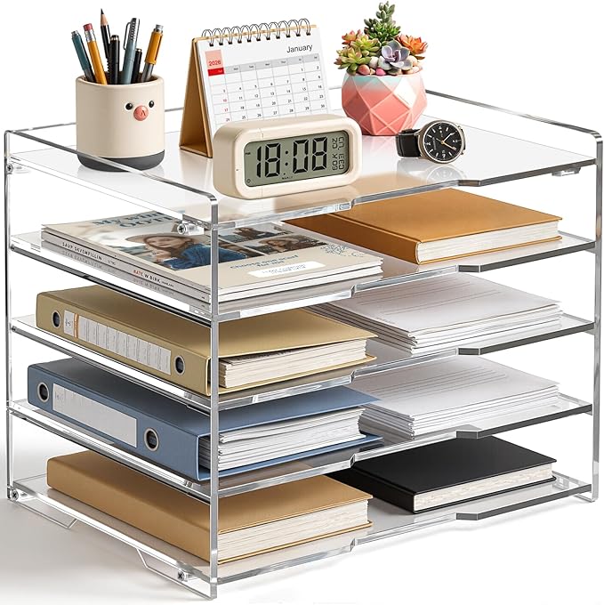 KKU 5 Tier Clear Acrylic Desk Organizer, Letter Tray Paper File Desk Organizer by KKUprotectanddisplayyourtreasures