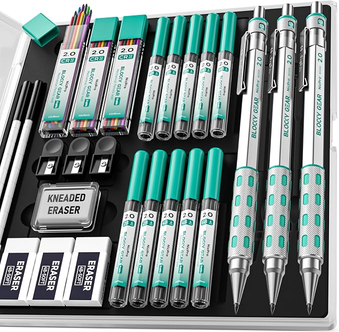 Nicpro 3 Pack Blocky Gear 2.0 mm Metal Mechanical Pencils Set by Nicpro