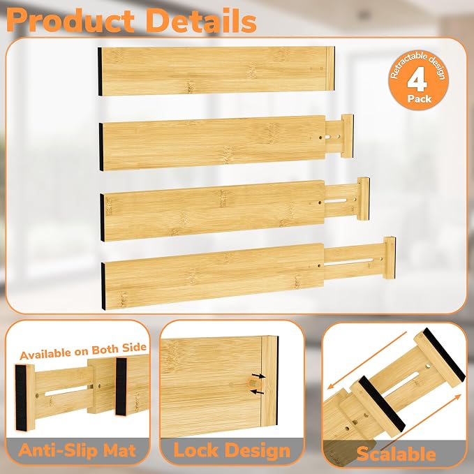 BAMEOS Bamboo Expandable Drawer Dividers – Fits 16.65"–22" Drawers - Image 6