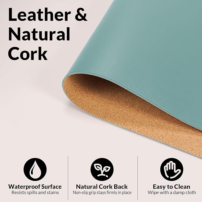 AFIING Leather Desk pad Protector, Light Blue, 35.4" x 17" | Dual-Sided Cork & - Image 3