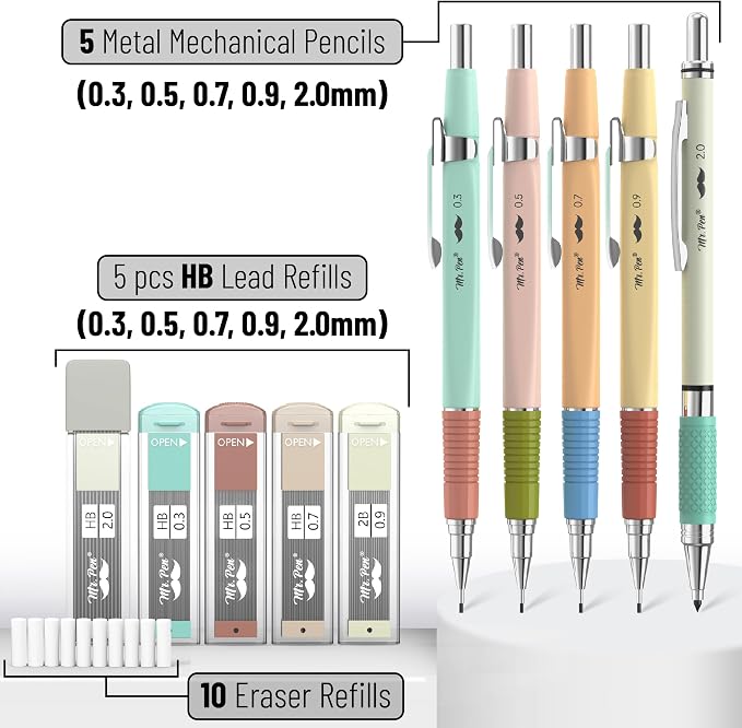 Mr. Pen- Art Mechanical Pencil Set, 5 Metal Mechanical Pencils, 5 HB Lead - Image 2