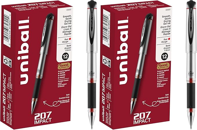 Uni-Ball Signo 207 Impact Gel Pen, 12 Red Pens, 1.0mm Bold Point, Smooth Writing by uni-ball