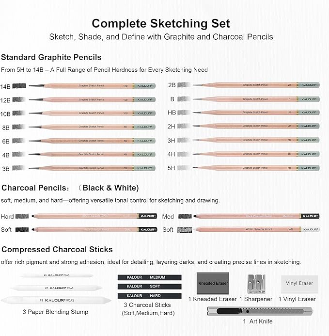 KALOUR 28 Pro Sketching Drawing Pencils Set – 14 Graphite Pencils, Charcoal - Image 3