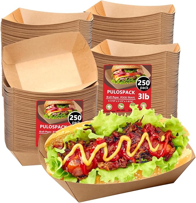 250 Pack 3lb Heavy Duty Kraft Leak Proof Paper Food Boats Disposable Nacho by PULOSPACK