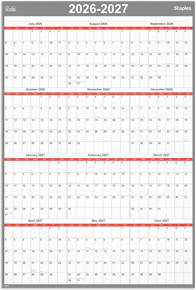 2026-2027 Staples 32" x 48" Academic Yearly Dry Erase Wall Calendar, Reversible by Staples