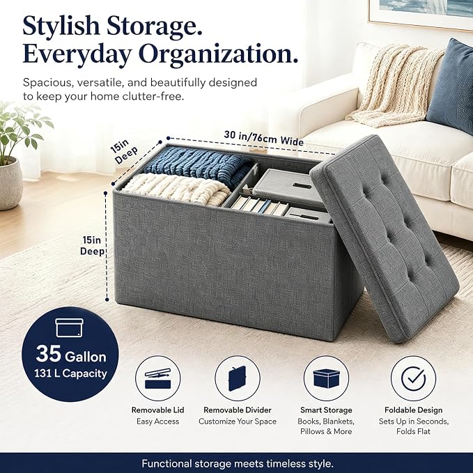 ALASDO 30 Inch Folding Storage Ottoman Bench - Image 5