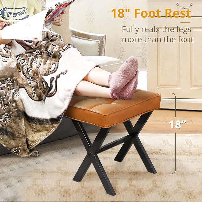 LUE BONA Vanity Stool, Faux Leather X-Leg Foot Stool, Small Ottoman Makeup - Image 4