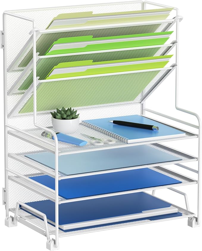 MINDEPOT 4-Tier Paper Organizer + 3-Pocket File Holder + Drawer + Pen Holders by MINDEPOT