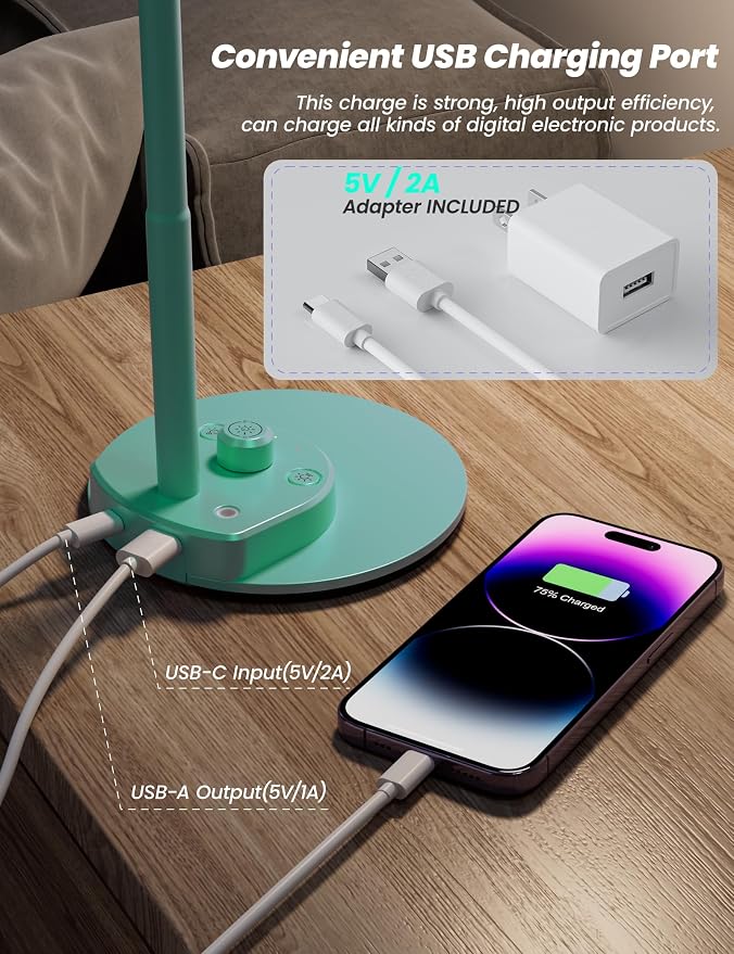 BOHON LED Desk Lamp with USB Charging Port, 3 Color Modes Dimmable, Teal | - Image 4