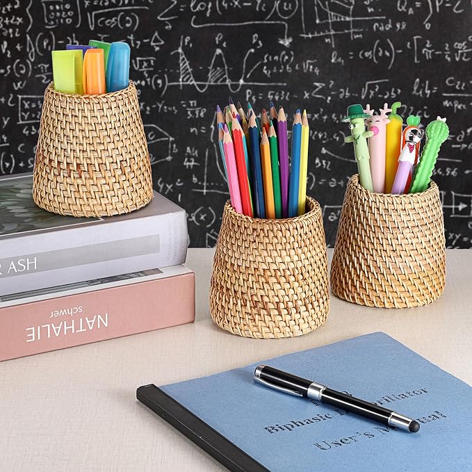 BTSKY 3 Pack Rattan Pen Cup, Handmade Desk Pencil Holders Makeup Brush Holder - Image 2