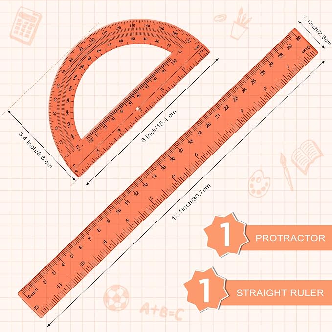Zonon 2 Pcs 12 Inch Clear Ruler and 6 Inch Plastic Protractor Set, Dual Scale - Image 2