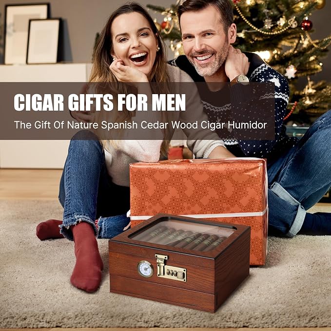 Tesonway Cigar Humidor, Cedar Wood Humidor Cigar Box, Glass Top Desktop Humidor - Image 8