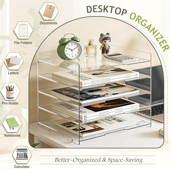 KKU 5 Tier Clear Acrylic Desk Organizer, Letter Tray Paper File Desk Organizer - Image 5