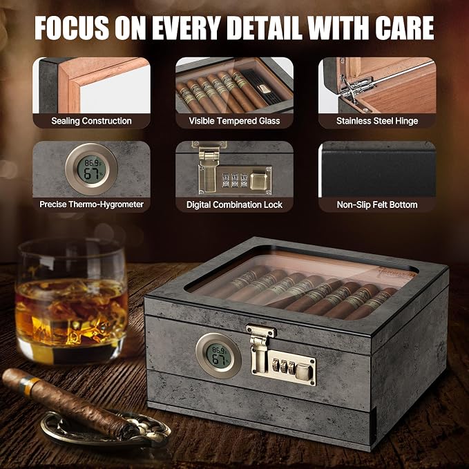 Tesonway Cigar Humidor, Cedar Wood Humidor Cigar Box, Glass Top Desktop Humidor - Image 7