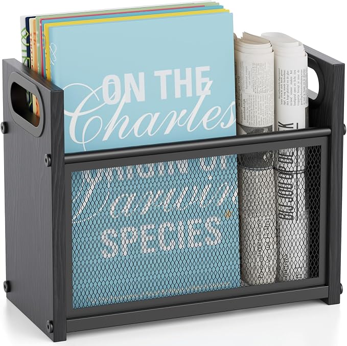 Black Magazine Holder, Wood Magazine Rack Floor, Mesh Magazine File Holder by OFIDELITY